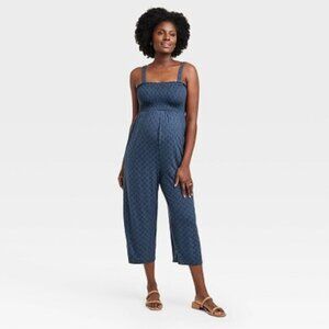 Ingrid & Isabel Maternity Dark Blue Floral Smocked Bust Cropped Jumpsuit S